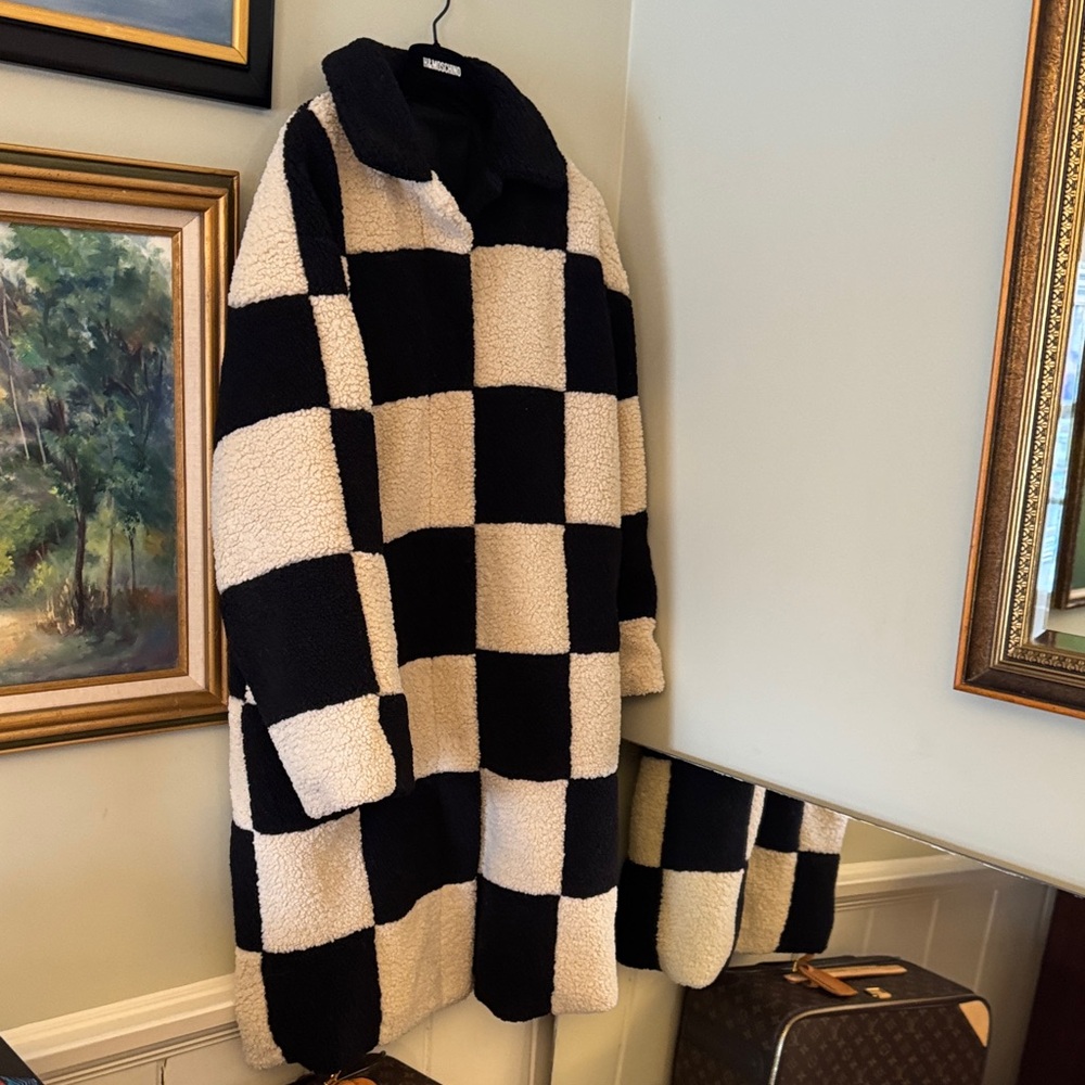 Faux Teddy Jacket Checkered Black Beige Cream White Coat Check L XL